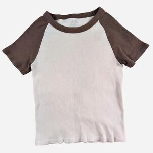 John Galt Brandy Melville raglin short sleeve ribbed  brown cream shirt small